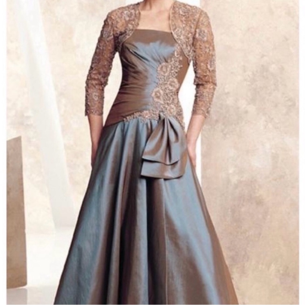Montage by Mon Cheri Strapless Two-Tone Bronze and Dusty Blue Evening Gown - Picture 2 of 10